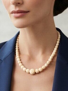Vintage French Ivory Celluloid Carved Floral Graduated Bead Necklace 15 Inch